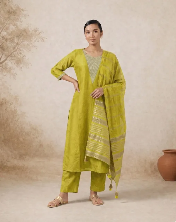 Parrot_Green_Silk_Blend_Kurta,_Pant_And_Dupatta_Set_For_Women