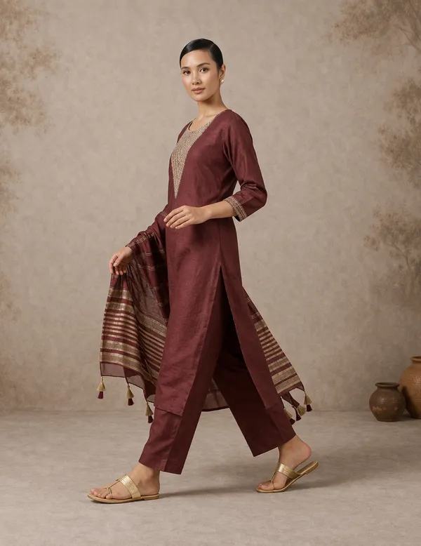 Maroon_Silk_Blend_Kurta,_Pant_And_Dupatta_Set_For_Women