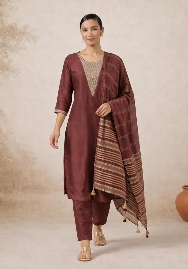 Maroon_Silk_Blend_Kurta,_Pant_And_Dupatta_Set_For_Women