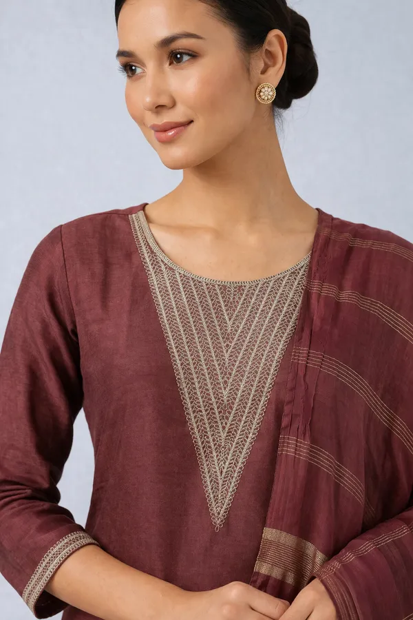 Maroon_Silk_Blend_Kurta,_Pant_And_Dupatta_Set_For_Women