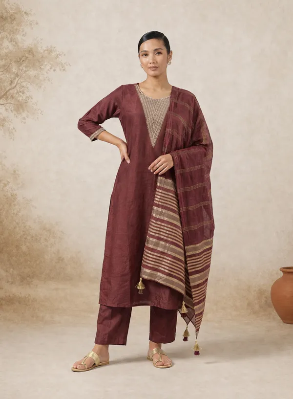Maroon_Silk_Blend_Kurta,_Pant_And_Dupatta_Set_For_Women