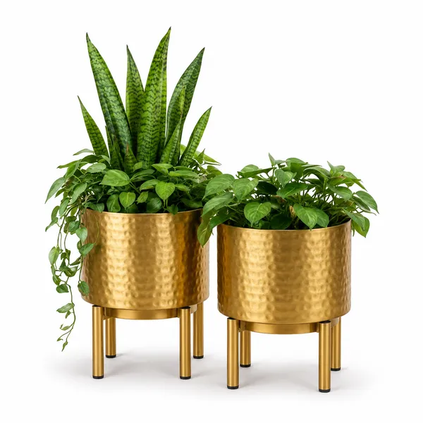 Gold_Hammered_Metal_Planter_Set_of_2_with_Stand_|_Indoor_Plant_Pots_for_Living_Room