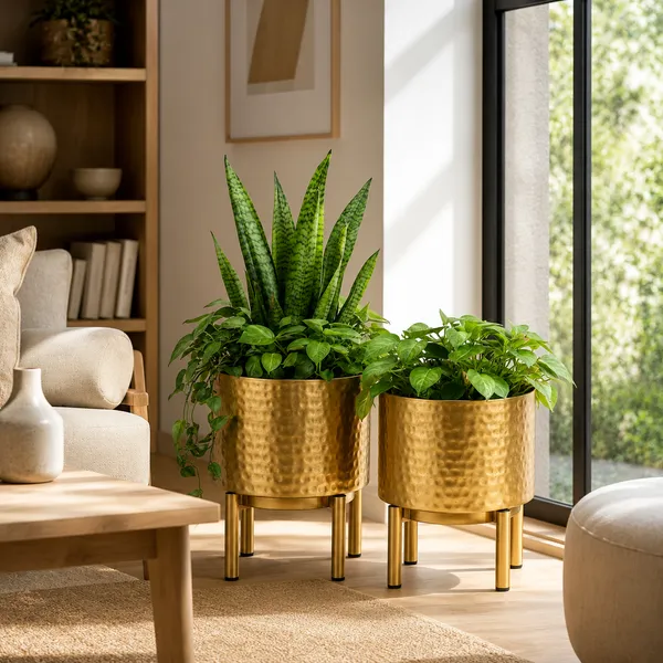Gold_Hammered_Metal_Planter_Set_of_2_with_Stand_|_Indoor_Plant_Pots_for_Living_Room
