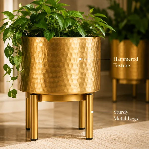 Gold_Hammered_Metal_Planter_Set_of_2_with_Stand_|_Indoor_Plant_Pots_for_Living_Room