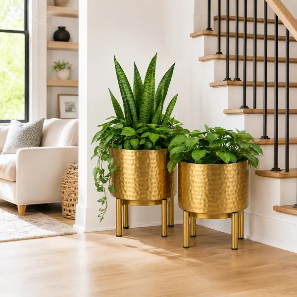 Gold_Hammered_Metal_Planter_Set_of_2_with_Stand_|_Indoor_Plant_Pots_for_Living_Room
