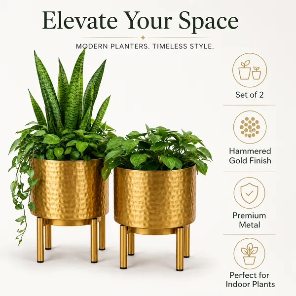 Gold_Hammered_Metal_Planter_Set_of_2_with_Stand_|_Indoor_Plant_Pots_for_Living_Room