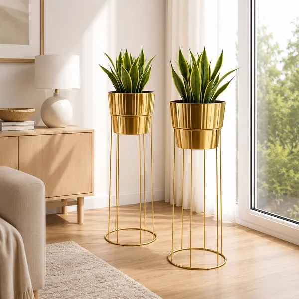 Gold_Metal_Planter_Stand_Set_of_2_|_Tall_Indoor_Plant_Pots_for_Living_Room_&_Balcony