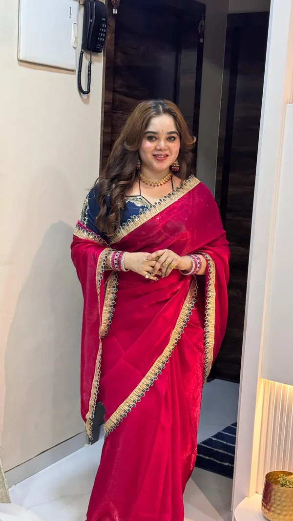 Red_Fancy_Satin_Saree_With_Blue_Embroidered_Blouse_And_Golden_Border