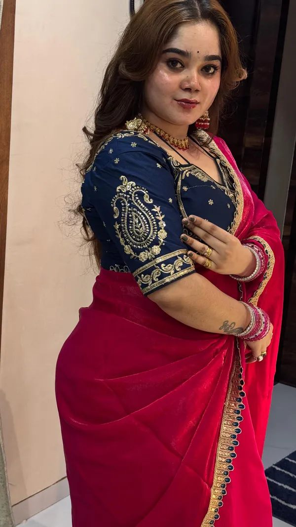 Red_Fancy_Satin_Saree_With_Blue_Embroidered_Blouse_And_Golden_Border