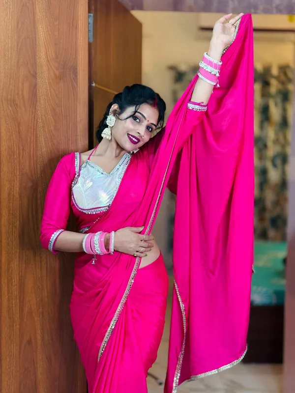 Pink_Chinnon_Saree_With_Silver_Embellished_Blouse_And_Dupatta