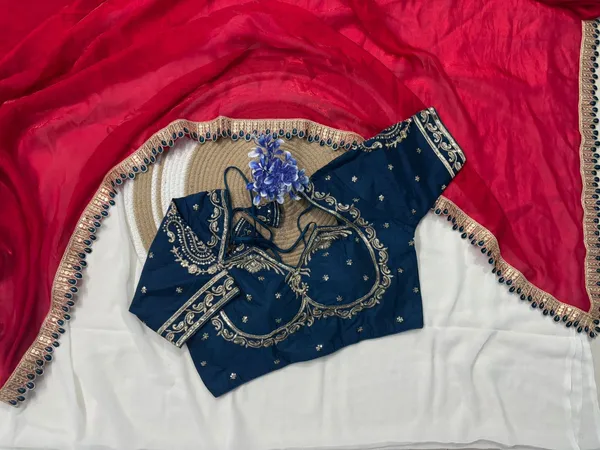 Red_Fancy_Satin_Saree_With_Blue_Embroidered_Blouse_And_Golden_Border
