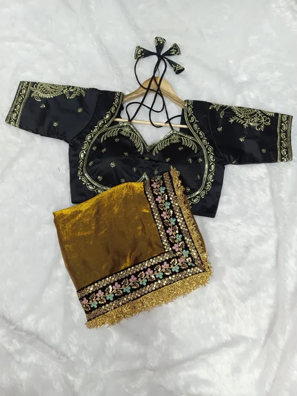 Golden_Tone_Silky_Malai_Saree_And_Elegant_Magenta_Saree_With_Embroidered_Black_Blouse_(Combo_Of_2)