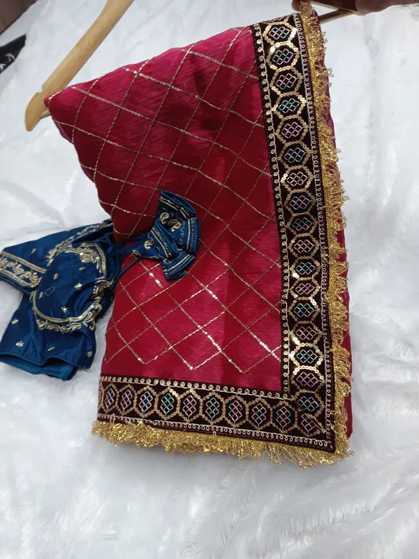 Maroon_Chickened_Saree_With_Blue_Embroidered_Blouse_Set_&_Hot_Pink_Satin_Robe_With_Black_Lace_Trim_Saree_(Combo_Of_2)
