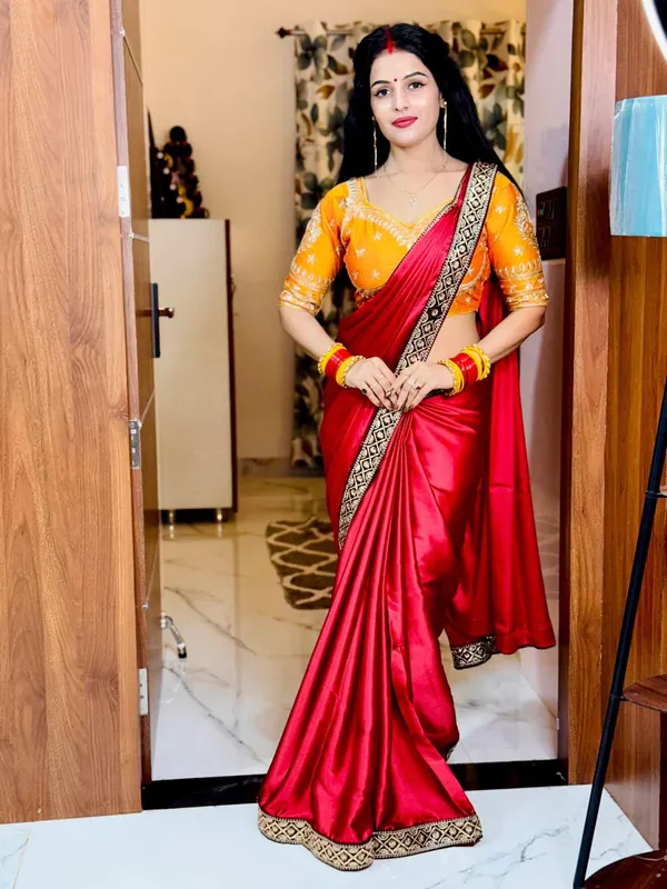 Red_Japan_Satin_Silk_Saree_With_Golden_Border_And_Yellow_Blouse