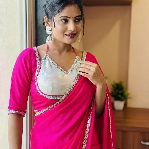 Pink_Chinnon_Saree_With_Silver_Embellished_Blouse_And_Dupatta