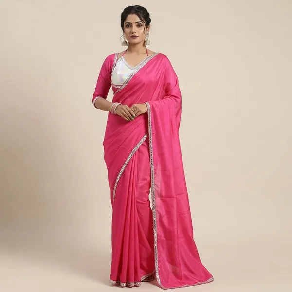 Pink_Chinnon_Saree_With_Silver_Embellished_Blouse_And_Dupatta