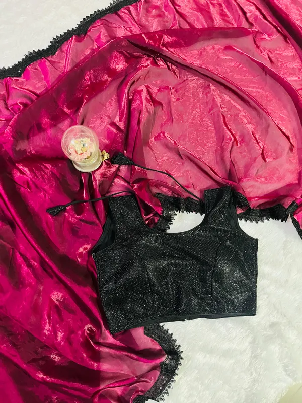 Hot_Pink_Satin_Robe_With_Black_Lace_Trim