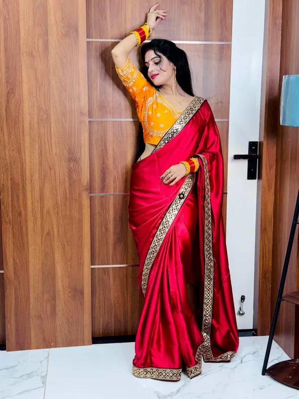 Red_Japan_Satin_Silk_Saree_With_Golden_Border_And_Yellow_Blouse