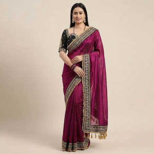 Golden_Tone_Silky_Malai_Saree_And_Elegant_Magenta_Saree_With_Embroidered_Black_Blouse_(Combo_Of_2)