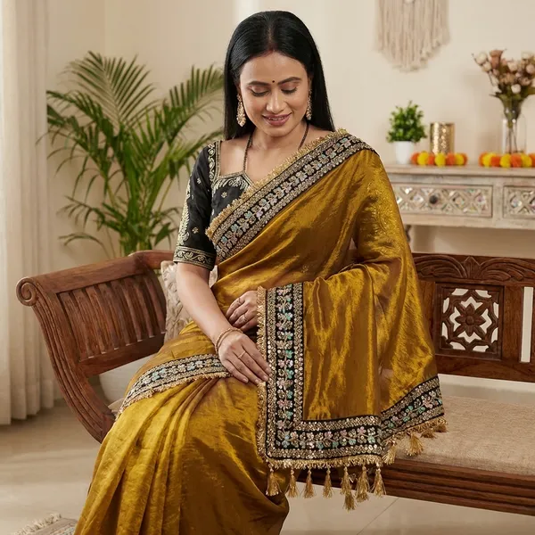 Golden_Tone_Silky_Malai_Saree_And_Elegant_Magenta_Saree_With_Embroidered_Black_Blouse_(Combo_Of_2)