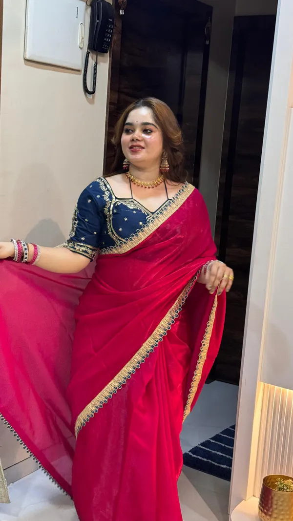 Red_Fancy_Satin_Saree_With_Blue_Embroidered_Blouse_And_Golden_Border