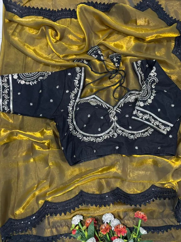 Traditional_Black_Embroidered_Blouse_With_Golden_Tissue_Saree