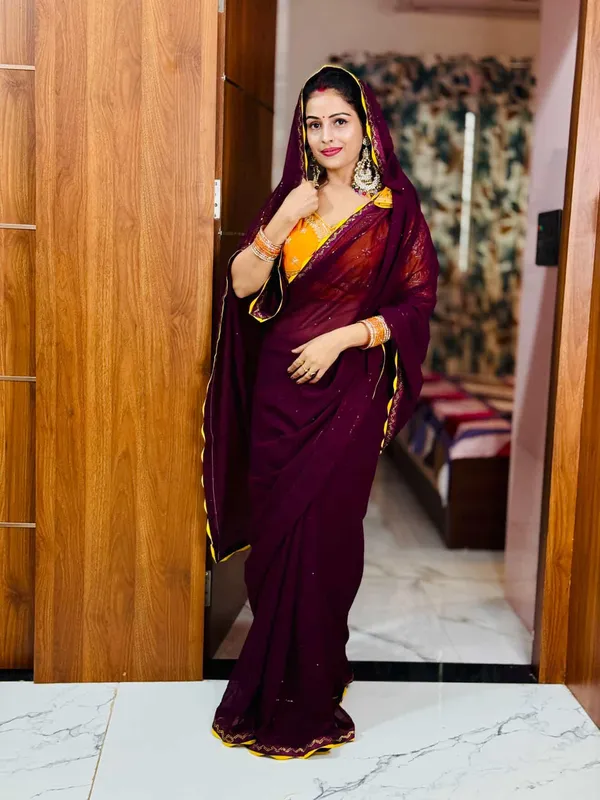 Deep_Wine_Chiffon_Saree_With_Golden_Yellow_Embroidered_Blouse