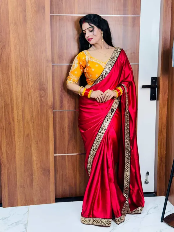 Red_Japan_Satin_Silk_Saree_With_Golden_Border_And_Yellow_Blouse