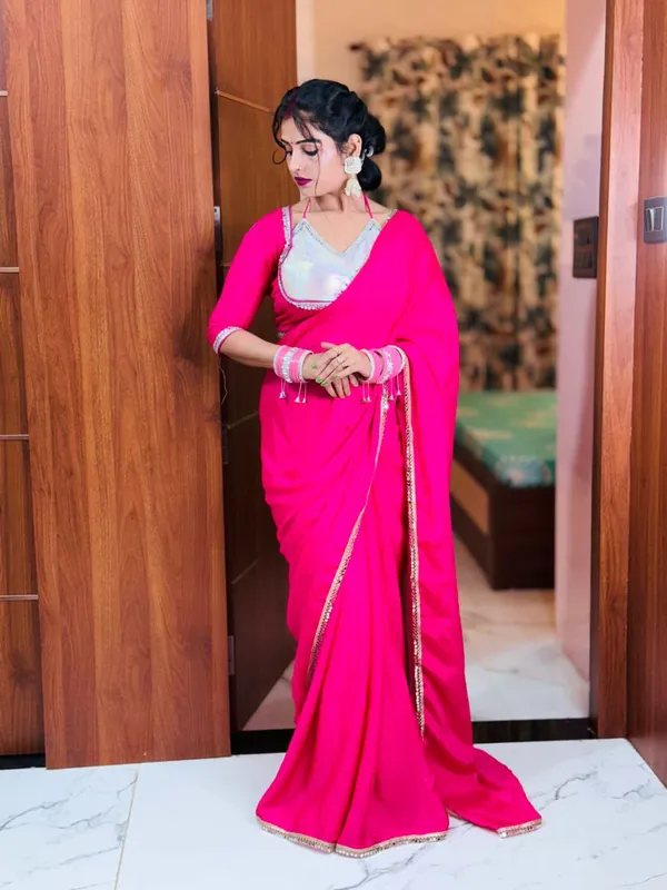 Pink_Chinnon_Saree_With_Silver_Embellished_Blouse_And_Dupatta