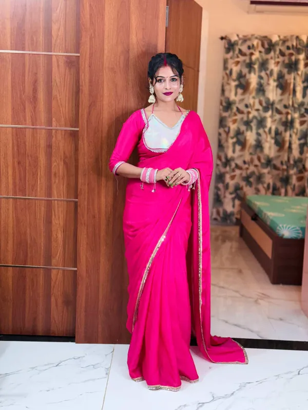 Pink_Chinnon_Saree_With_Silver_Embellished_Blouse_And_Dupatta