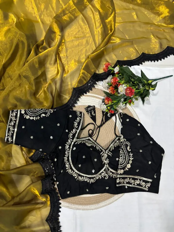 Traditional_Black_Embroidered_Blouse_With_Golden_Tissue_Saree