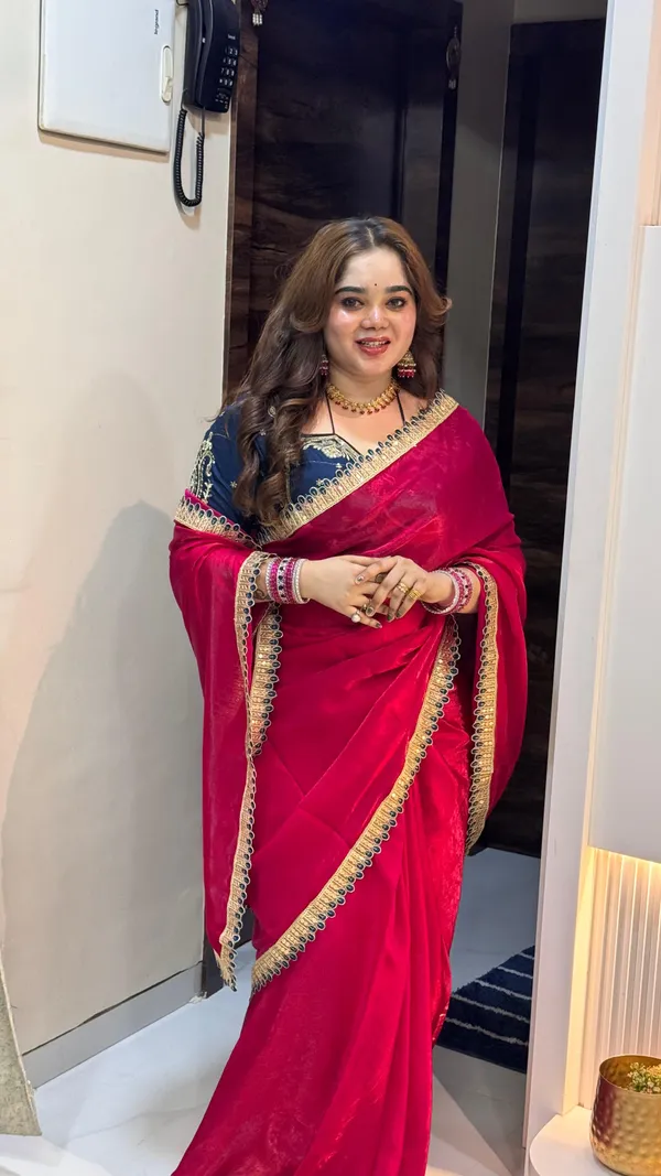 Red_Fancy_Satin_Saree_With_Blue_Embroidered_Blouse_And_Golden_Border