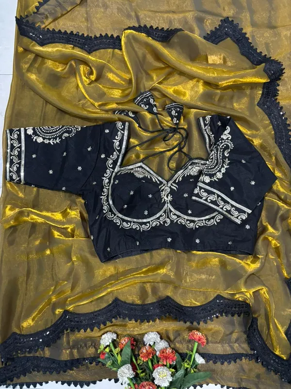 Traditional_Black_Embroidered_Blouse_With_Golden_Tissue_Saree