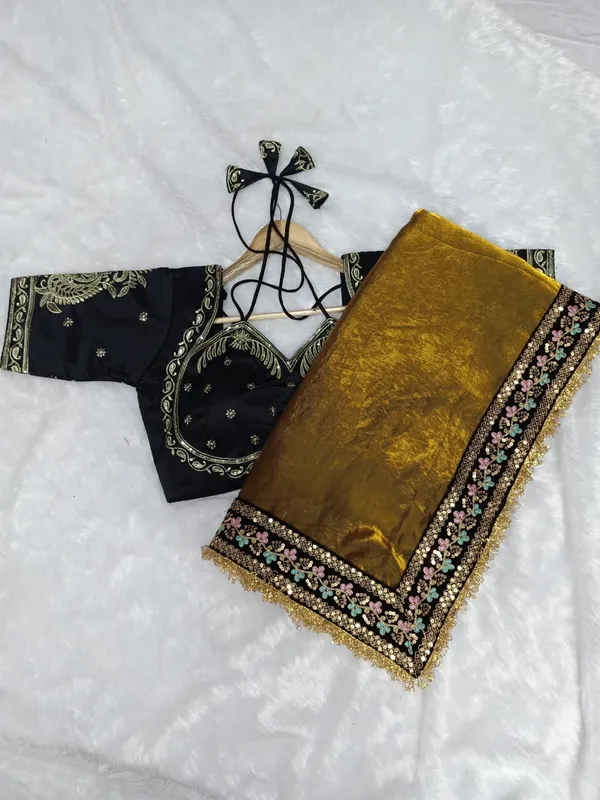 Golden_Tone_Silky_Malai_Saree_And_Elegant_Magenta_Saree_With_Embroidered_Black_Blouse_(Combo_Of_2)