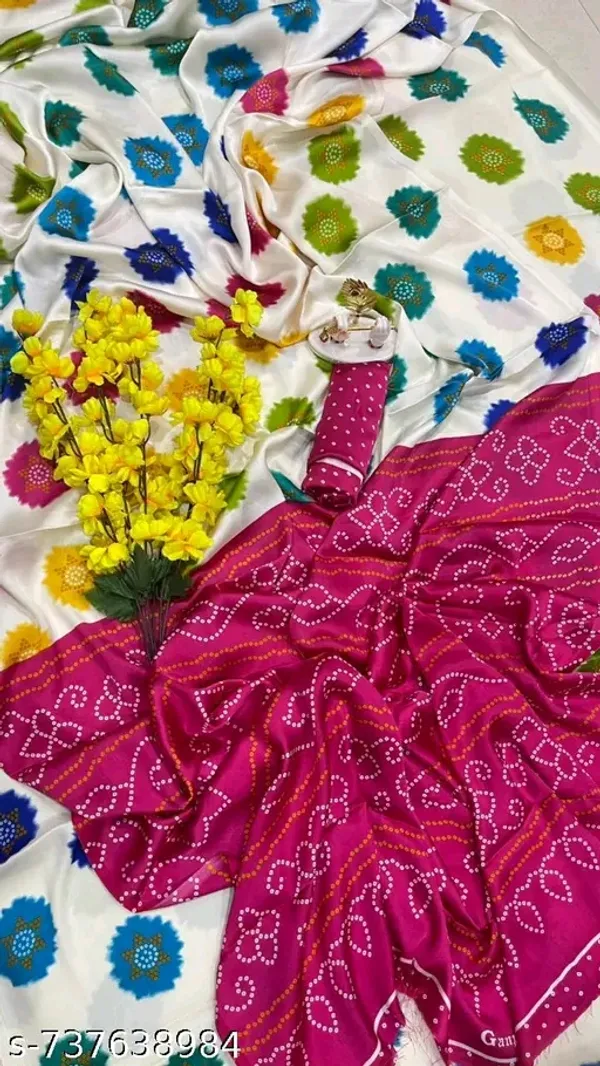 White_Floral_Print_Saree_With_Pink_Bandhani_Border