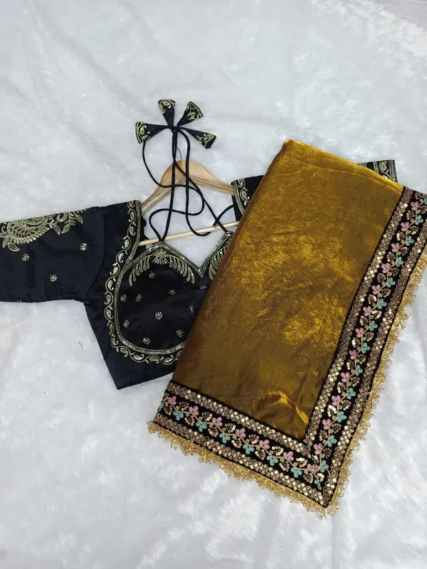 Golden_Tone_Silky_Malai_Saree_And_Elegant_Magenta_Saree_With_Embroidered_Black_Blouse_(Combo_Of_2)
