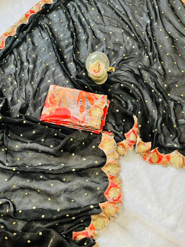 Black_Fancy_Silk_Saree_With_Orange_&_Gold_Embroidered_Border_And_Sequin_Work