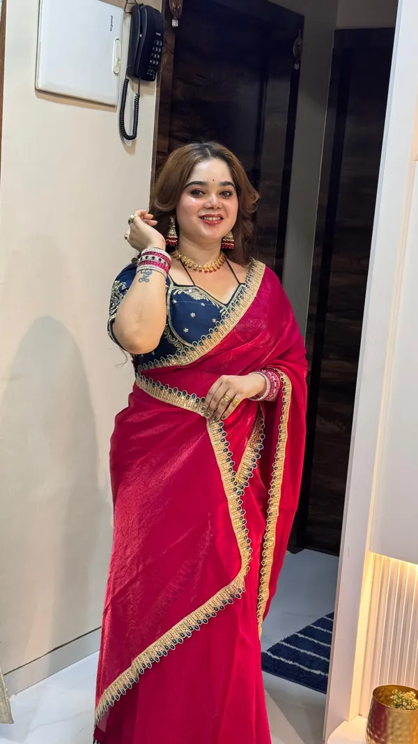 Red_Fancy_Satin_Saree_With_Blue_Embroidered_Blouse_And_Golden_Border