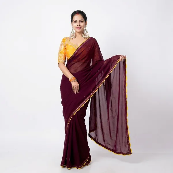 Deep_Wine_Chiffon_Saree_With_Golden_Yellow_Embroidered_Blouse