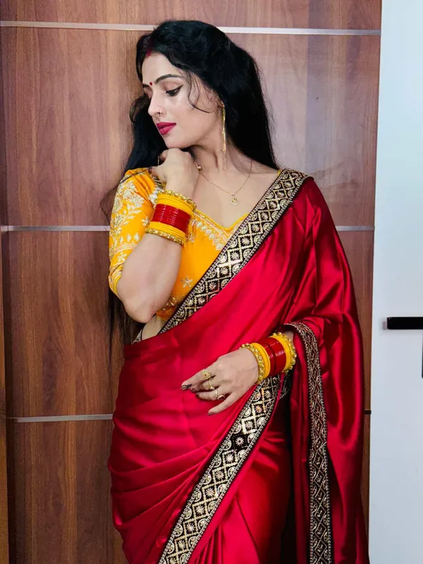 Red_Japan_Satin_Silk_Saree_With_Golden_Border_And_Yellow_Blouse