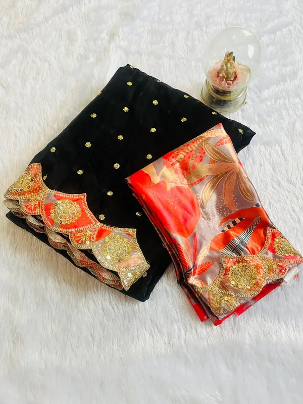 Black_Fancy_Silk_Saree_With_Orange_&_Gold_Embroidered_Border_And_Sequin_Work