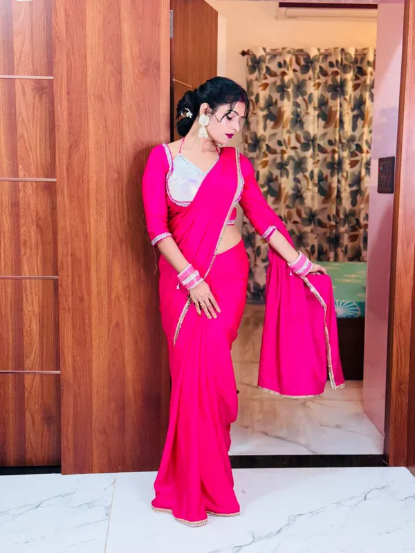 Pink_Chinnon_Saree_With_Silver_Embellished_Blouse_And_Dupatta