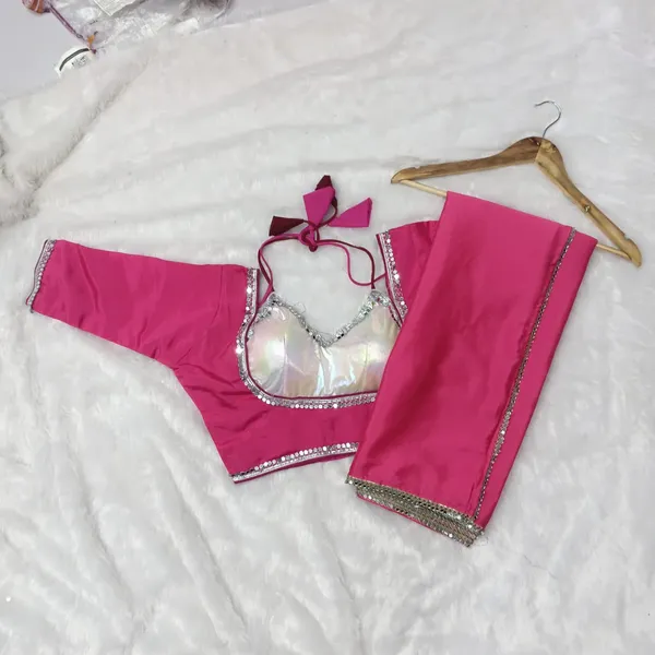 Pink_Chinnon_Saree_With_Silver_Embellished_Blouse_And_Dupatta
