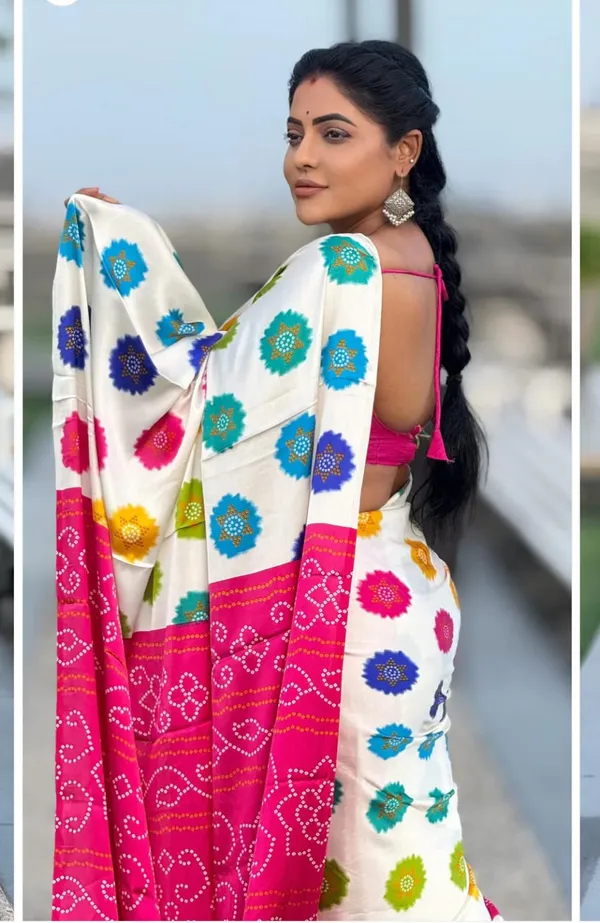 White_Floral_Print_Saree_With_Pink_Bandhani_Border