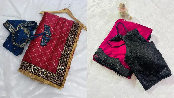 Maroon_Chickened_Saree_With_Blue_Embroidered_Blouse_Set_&_Hot_Pink_Satin_Robe_With_Black_Lace_Trim_Saree_(Combo_Of_2)