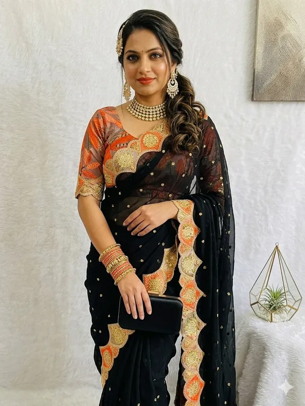 Black_Fancy_Silk_Saree_With_Orange_&_Gold_Embroidered_Border_And_Sequin_Work