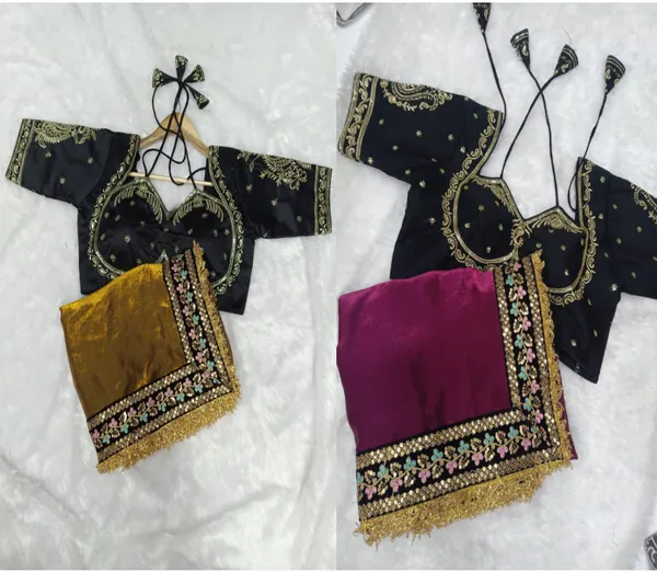 Golden_Tone_Silky_Malai_Saree_And_Elegant_Magenta_Saree_With_Embroidered_Black_Blouse_(Combo_Of_2)