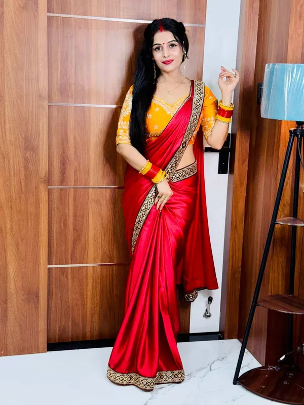 Red_Japan_Satin_Silk_Saree_With_Golden_Border_And_Yellow_Blouse