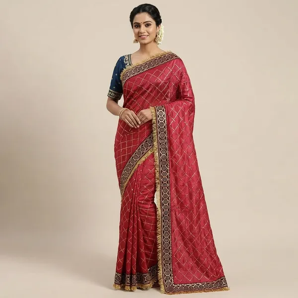 Maroon_Chickened_Saree_With_Blue_Embroidered_Blouse_Set