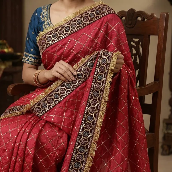 Maroon_Chickened_Saree_With_Blue_Embroidered_Blouse_Set